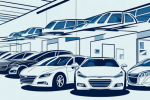 A car dealership with customers looking at cars in the showroom