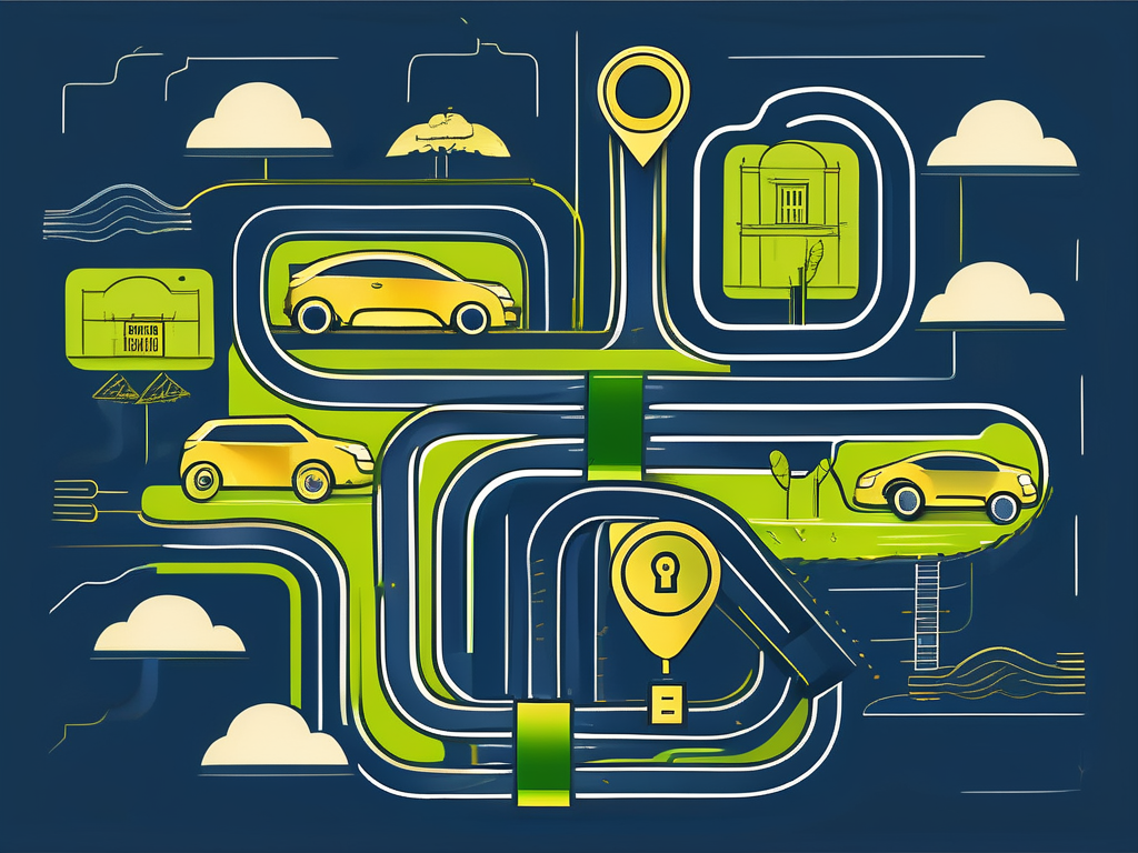 A roadmap leading to a golden key shaped like a car