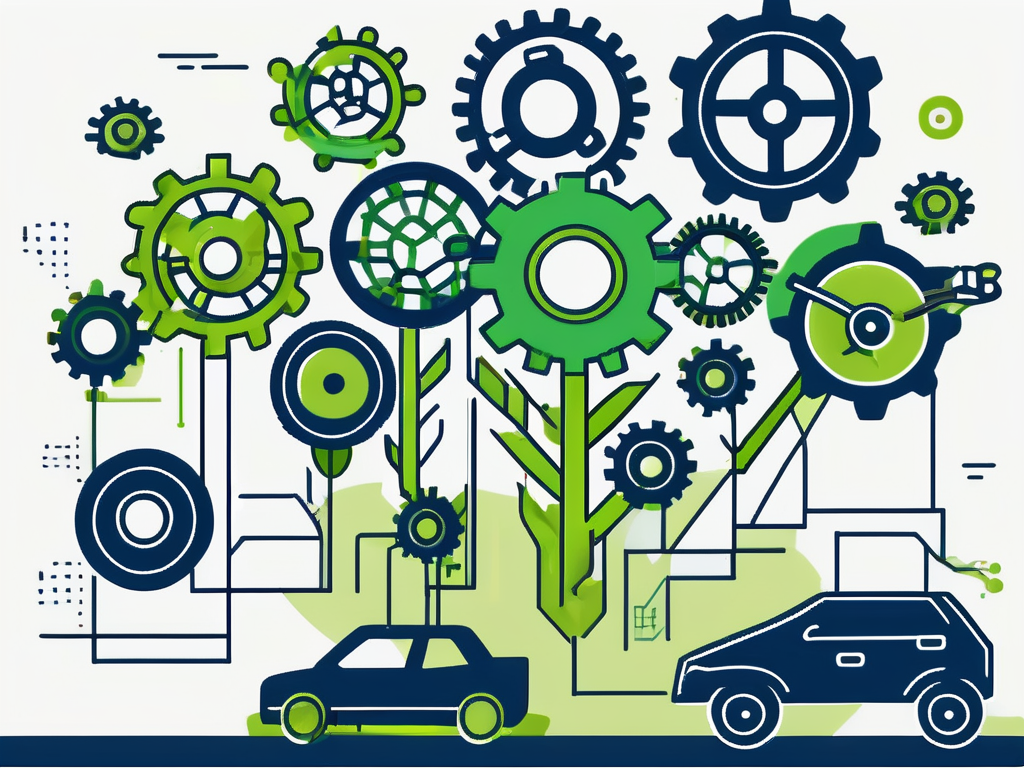 A car dealership with various seo-related symbols (like a magnifying glass