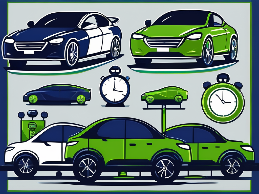 A car dealership with various types of cars and a symbolic representation of loan terms like scales for balance