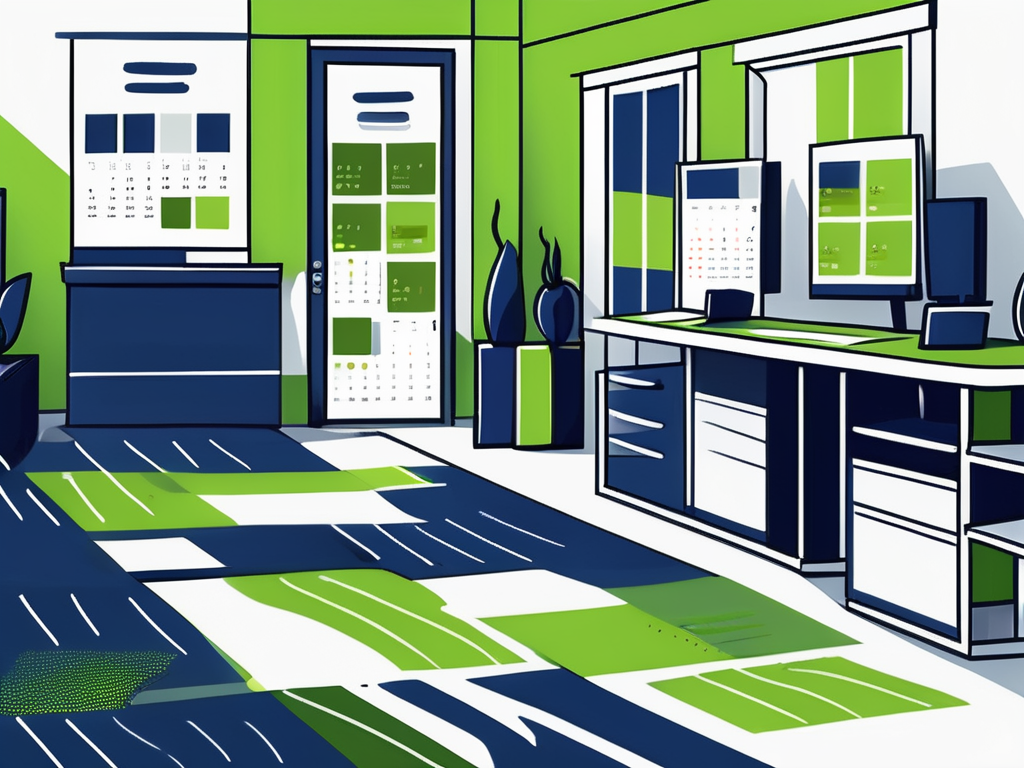 A dealership showroom with highlighted phone and calendar symbols