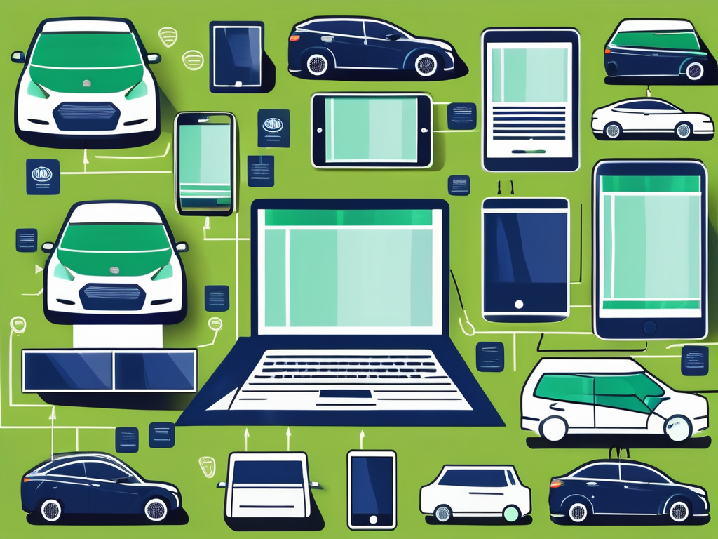 A car dealership with various digital devices like a smartphone