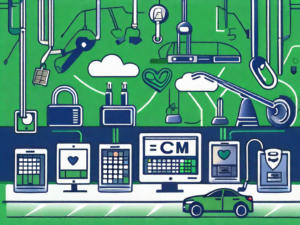 Five different digital tools symbolizing crm features such as a telephone for communication