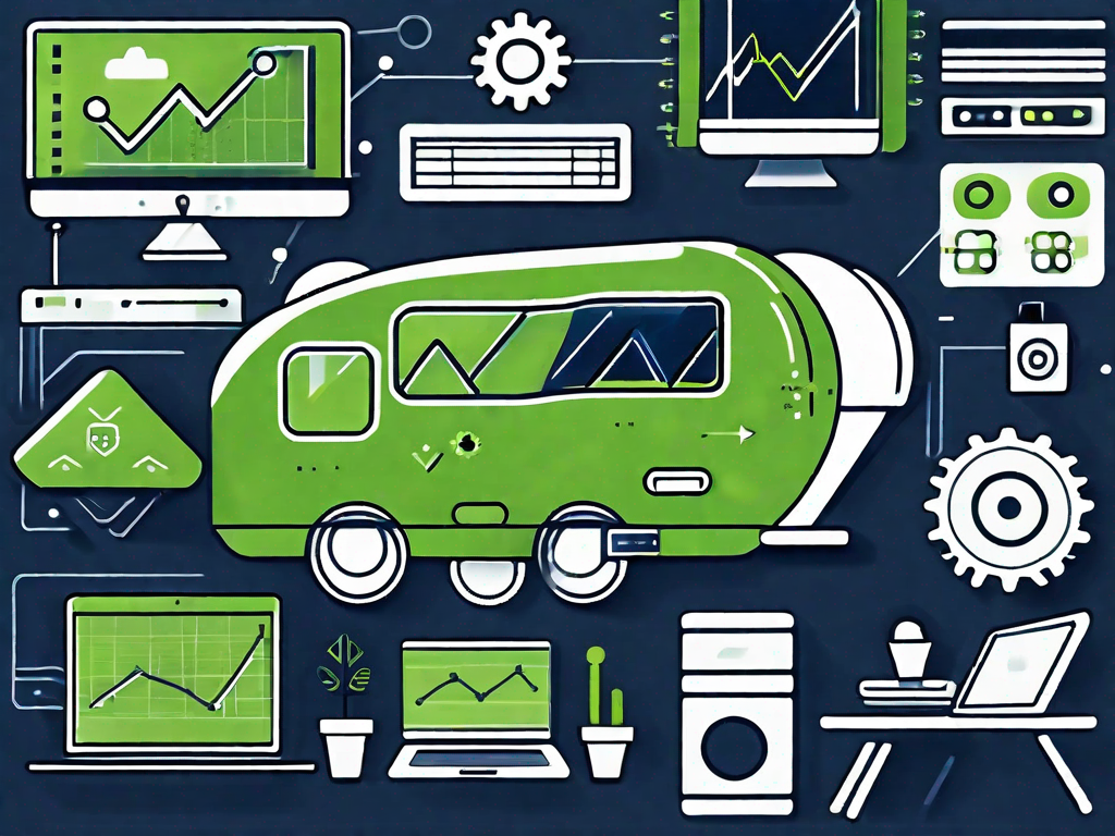 A sleek rv with various digital icons (like gears