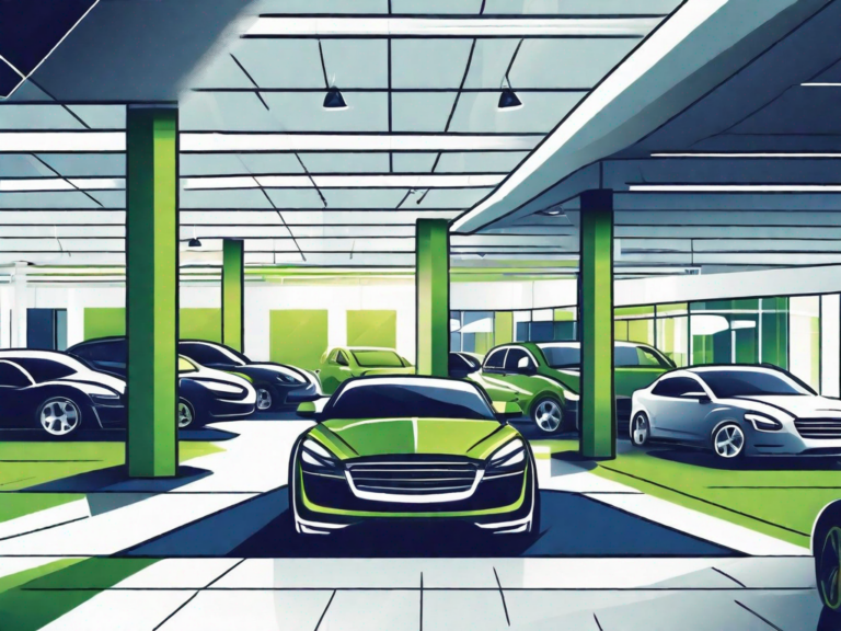 A bustling car dealership with various types of cars displayed prominently