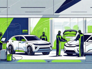 A modern car dealership with various automated machines and robots performing tasks such as car maintenance